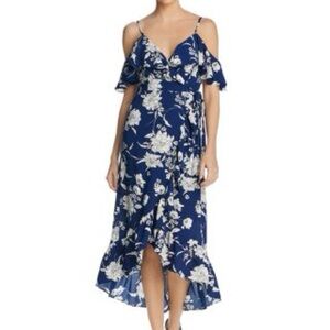 Blue Cold Shoulder Dress White Floral Print with White Slip
